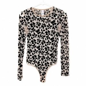 Victoria's Secret Sheer Mesh Floral Bodysuit Black Beige Long Sleeve